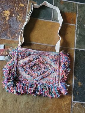 Multicolor Fringe Woven Crossbody Bag with Cream Strap